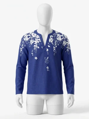 Chemise à fleurs col henley manches longues moderne homme - Vue 1 - Chemise à fleurs