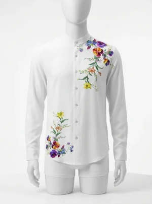 Chemise à fleurs fibre de bambou soie sans col homme - Vue 1 - Chemise à fleurs